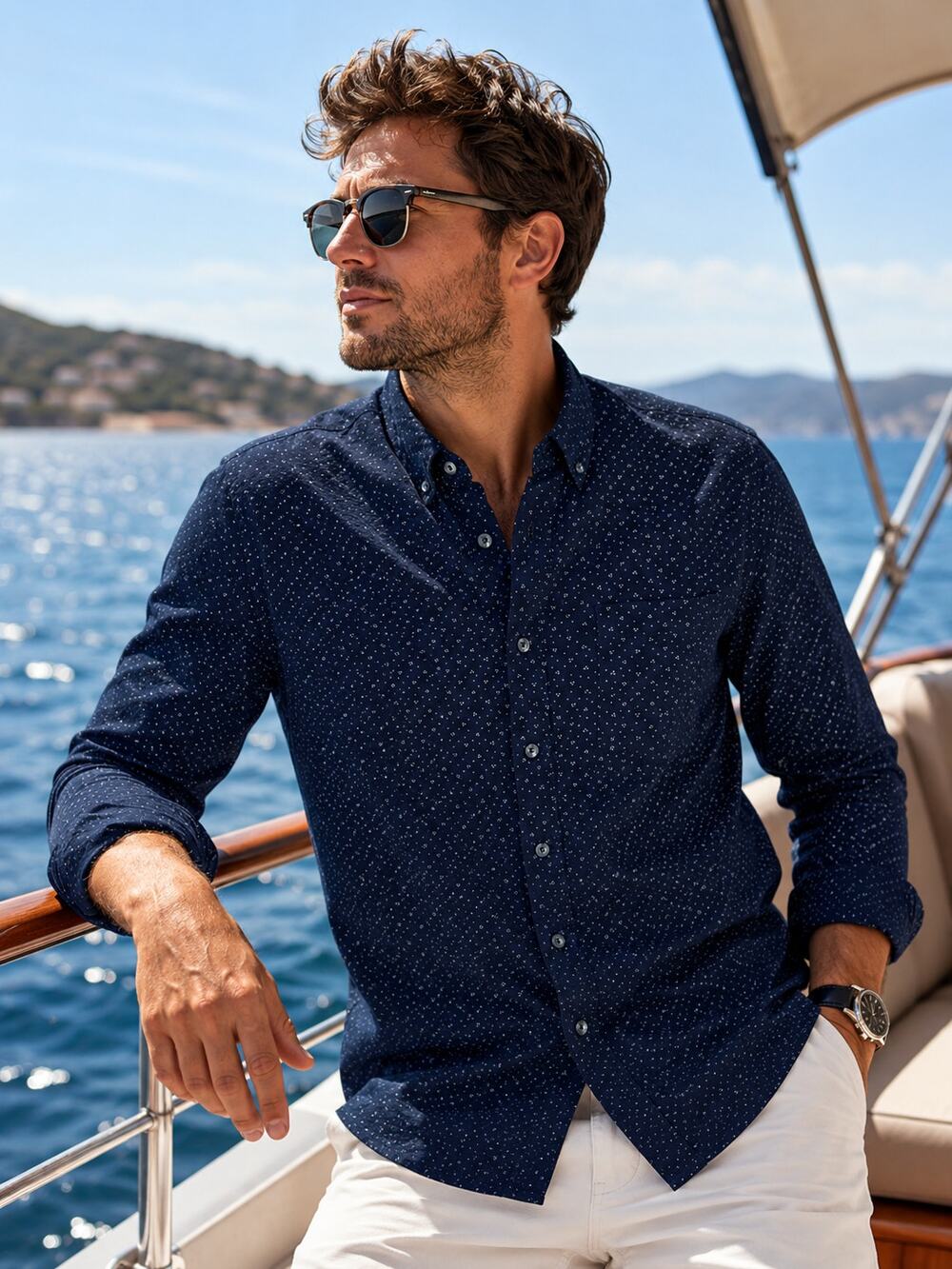 Denim & Flower Navy Geometric Print Button Down Shirt XL Slim Fit Cotton
